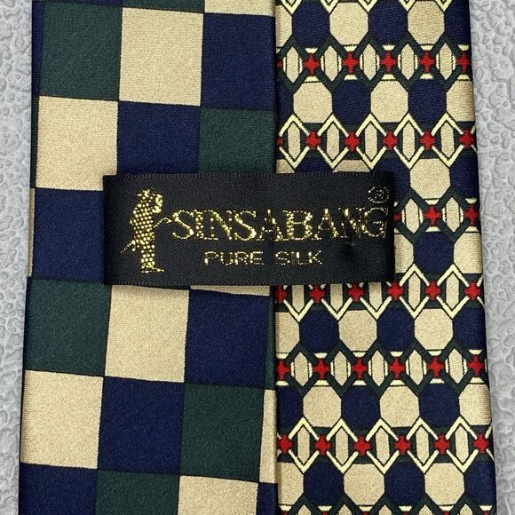 Sinsabang Pure Silk Mens Tie Necktie Blue Green Multicolor Geometric Print - Picture 1 of 6
